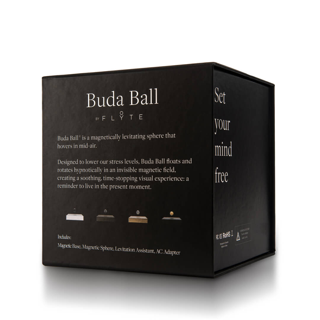 Packaging photo- back, of levitating sphere Buda Ball by Flyte on a white background
