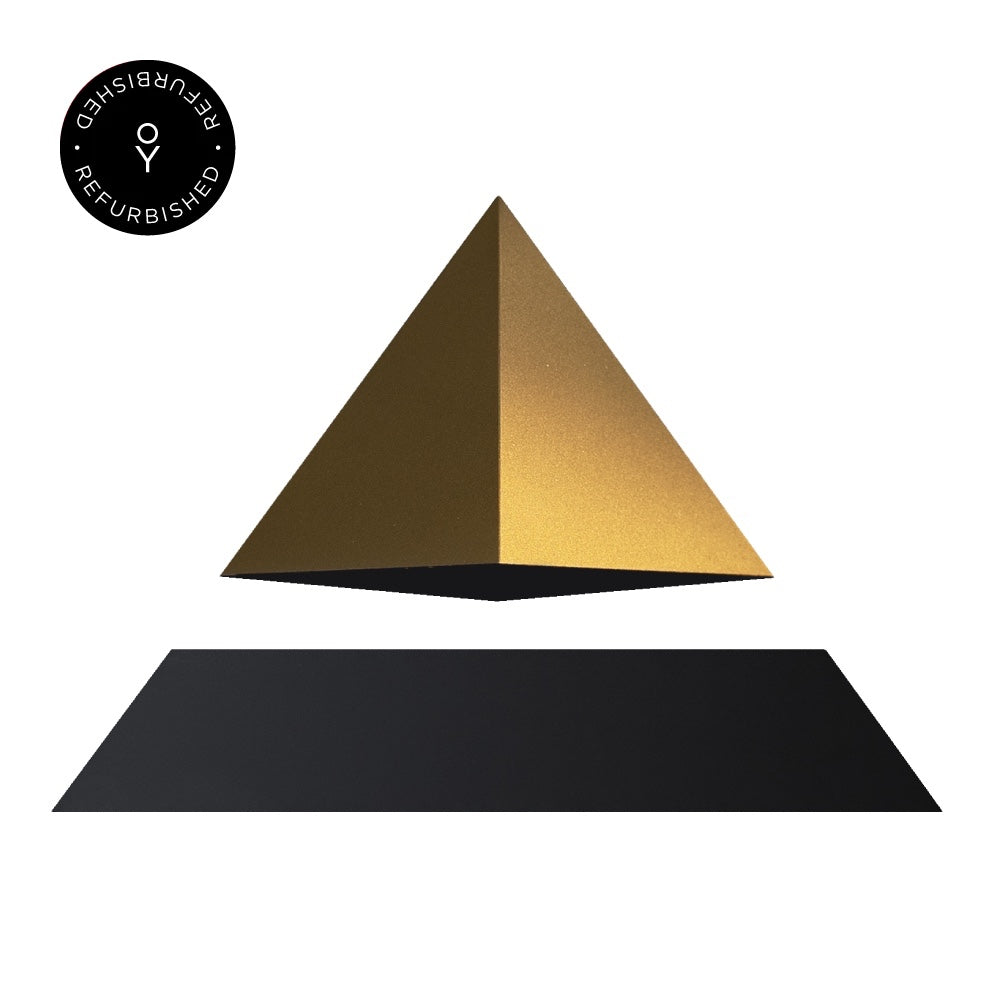 Levitating pyramid Py by Flyte, gold top and black magnetic base version, product photo on a white background with refurbished tag
