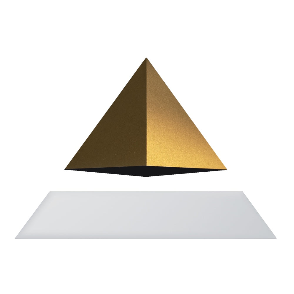 Levitating pyramid Py by Flyte, gold top on a white base, product photo on a white background