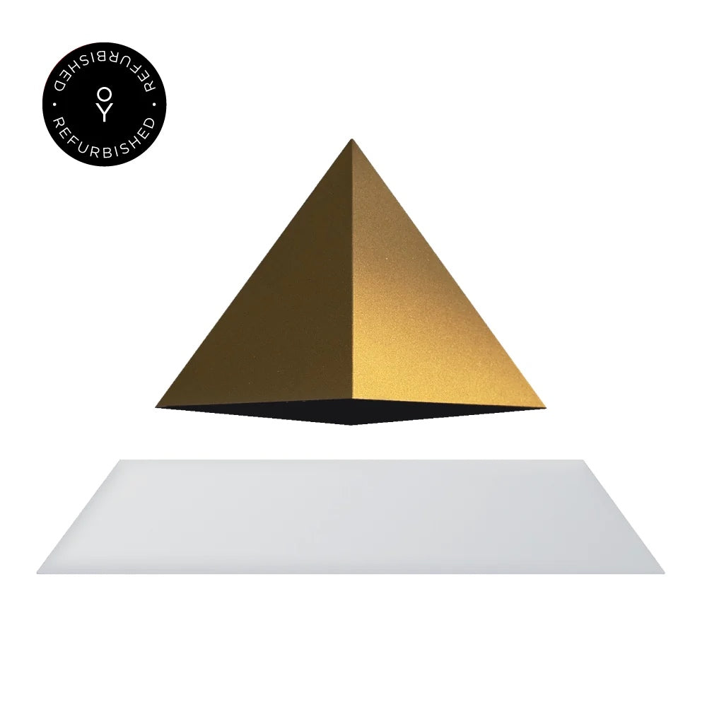 Levitating pyramid Py by Flyte, gold top with white magnetic base version, product photo on a white background with refurbished tag