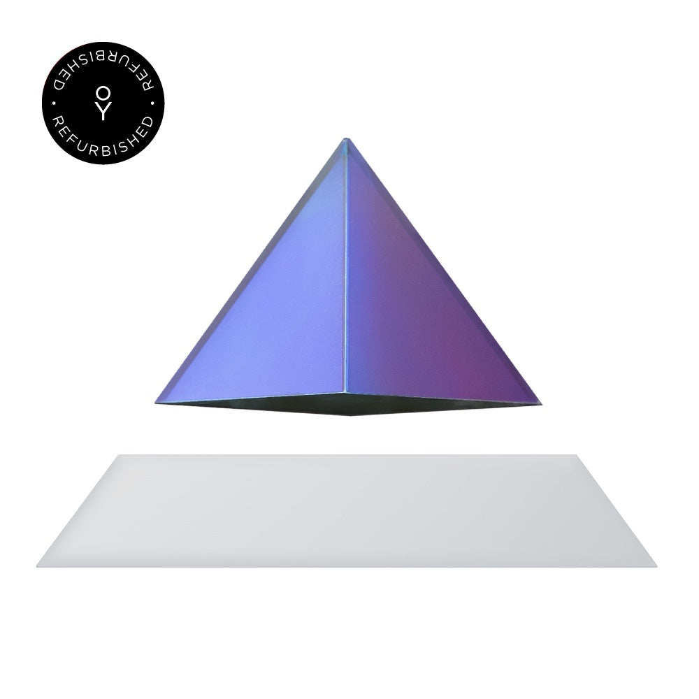 Levitating pyramid Py by Flyte, iridescent top and white magnetic base version, product photo on a white background with refurbished tag