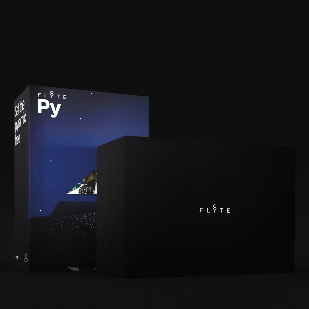 Levitating pyramid Py by Flyte packaging photo, front, on a dark background