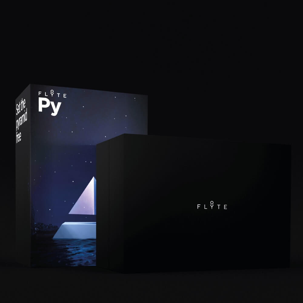 Levitating pyramid Py by Flyte, packaging photo - inner box and sleeve on a dark background
