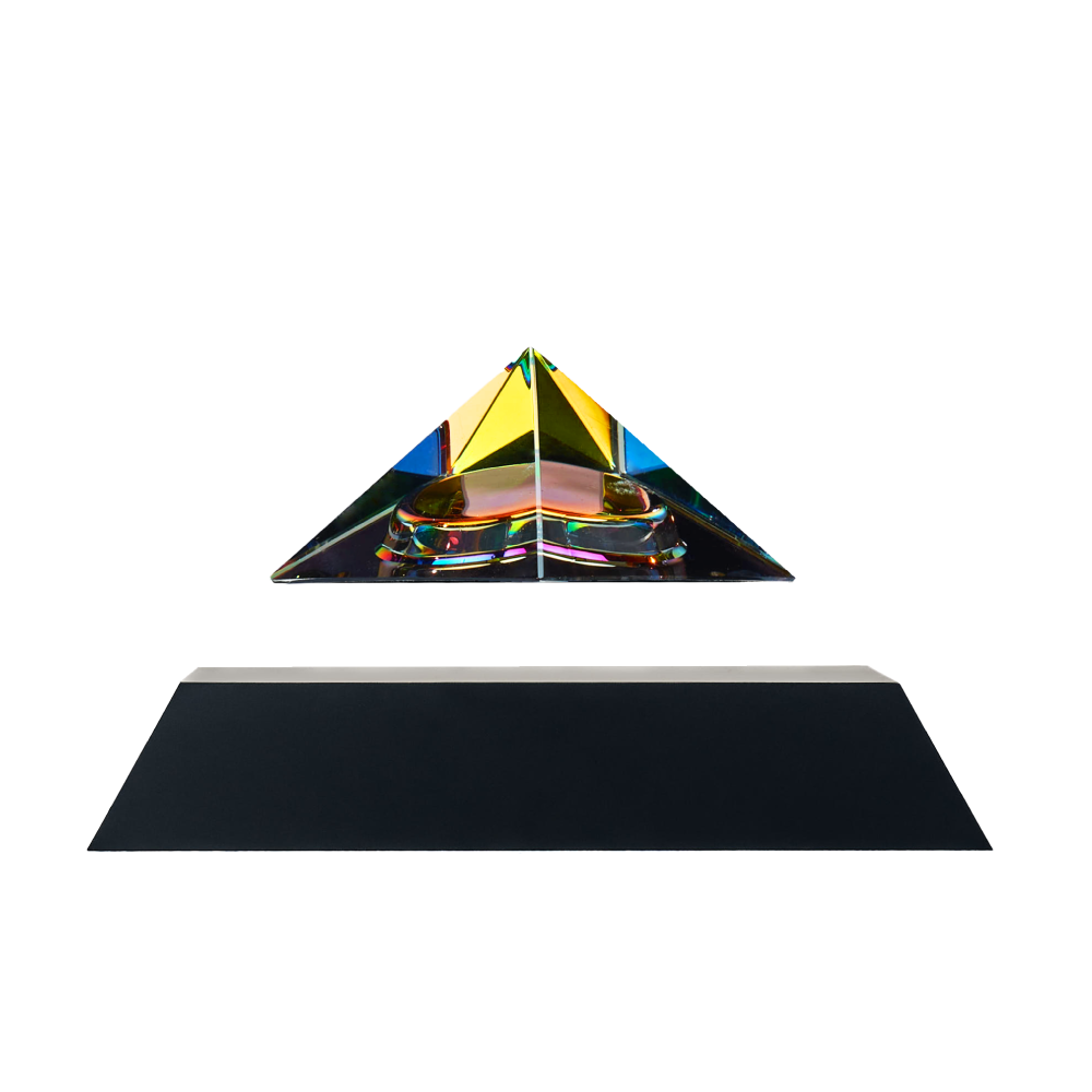 Levitating pyramid Py by Flyte, iridescent crystal glass with black base option, product photo on a white background