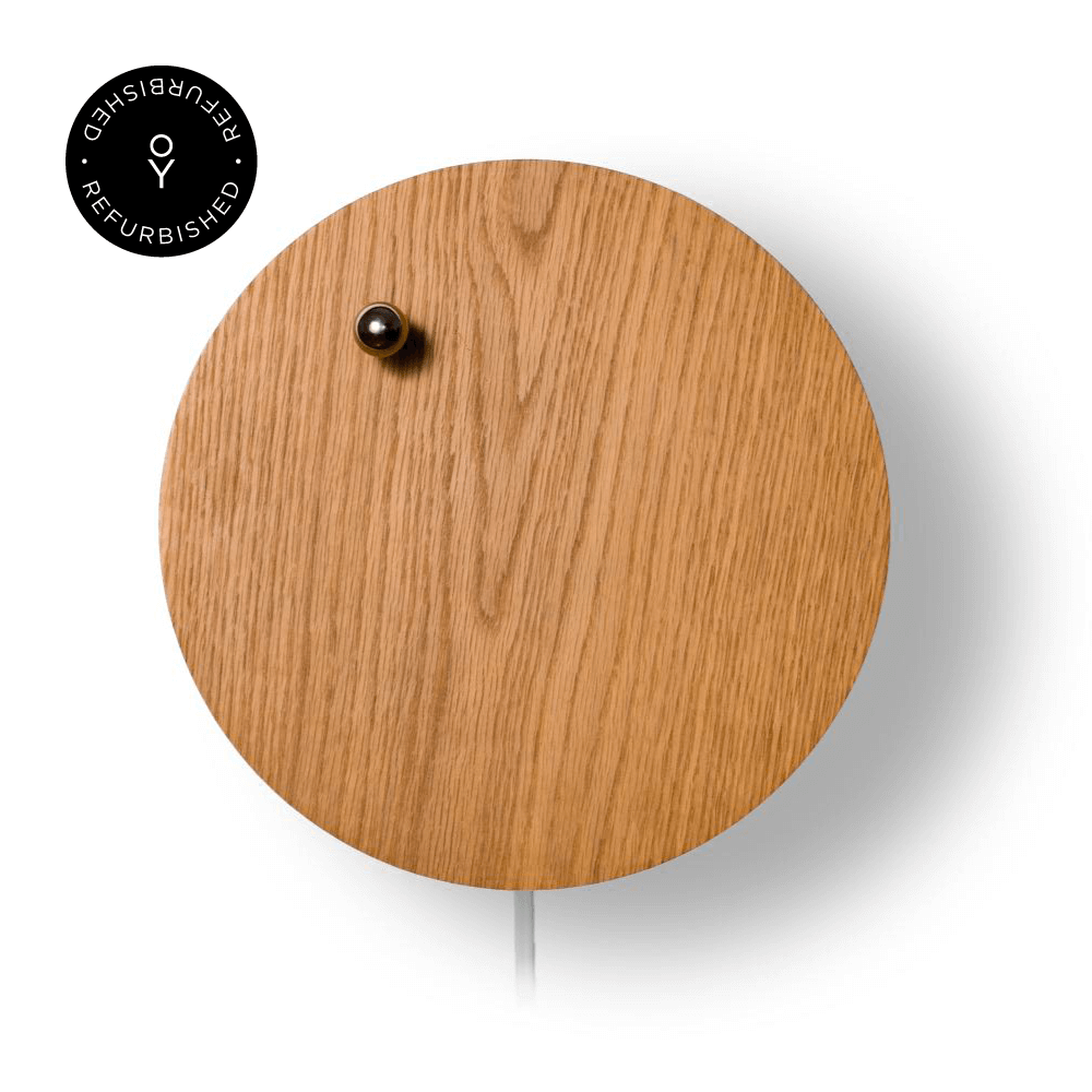 Levitating timepiece, clock Story by Flyte, oak wooden cover version, product photo on a white background with refurbished tag