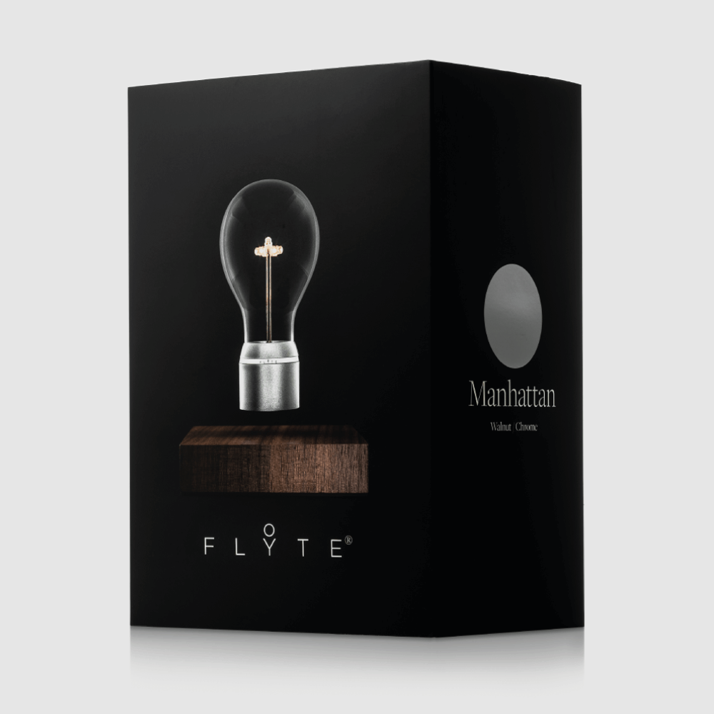 Packaging of levitating light bulb Light by Flyte, Manhattan - Walnut base, chrome cap bulb
