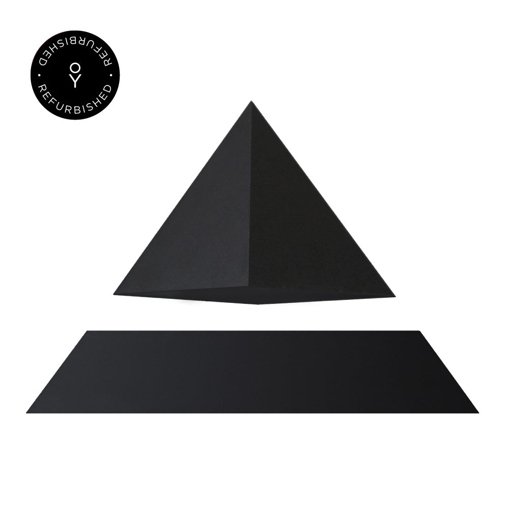 Levitating pyramid Py by Flyte, black top and black magnetic base version, product photo on a white background with refurbished tag