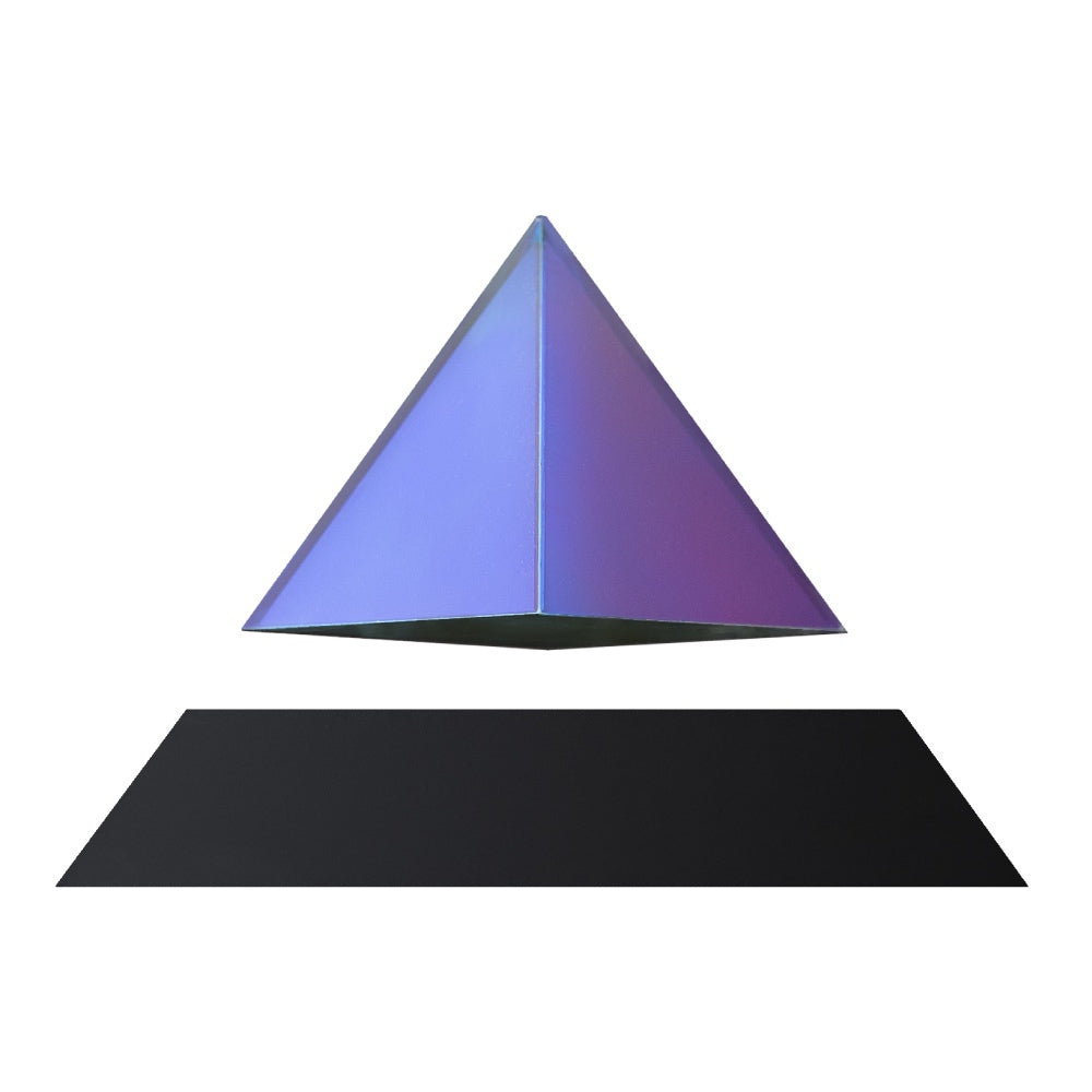 Levitating pyramid Py by Flyte, iridescent top on a black base, product photo on a white background