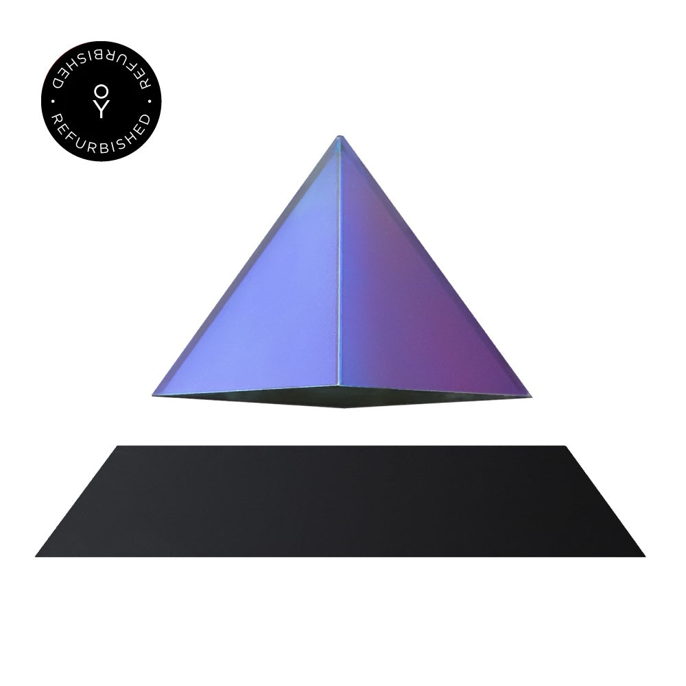 Levitating pyramid Py by Flyte, iridescent top and black magnetic base version, product photo on a white background with refurbished tag