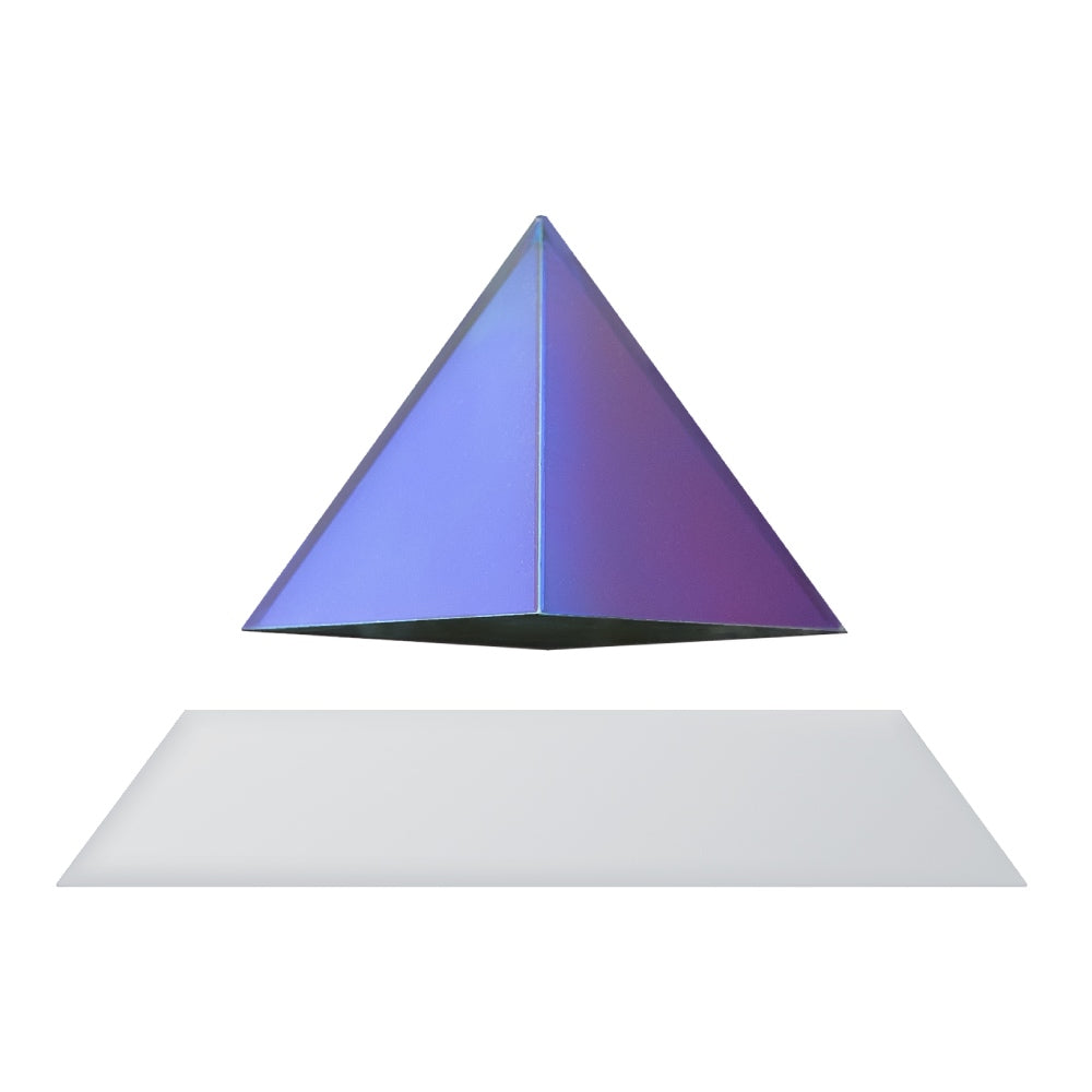 Levitating pyramid Py by Flyte, iridescent top on a white base, product photo on a white background