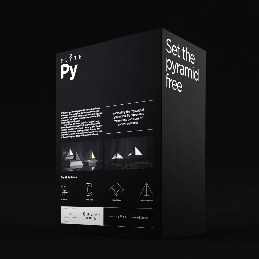 Levitating pyramid Py by Flyte, packaging photo - back view on a dark background