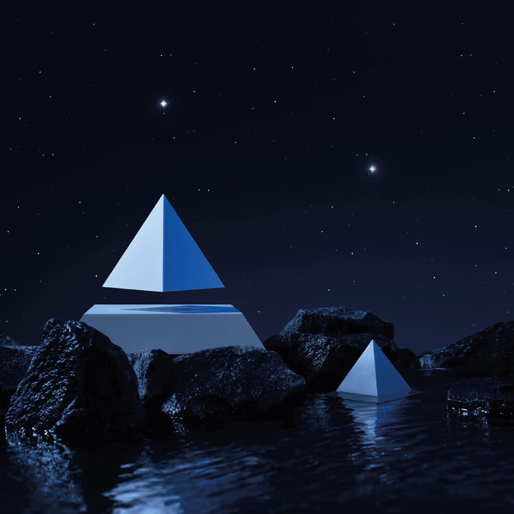 Levitating pyramid Py by Flyte, white top on a white base option in a abstract setting with stars in the background