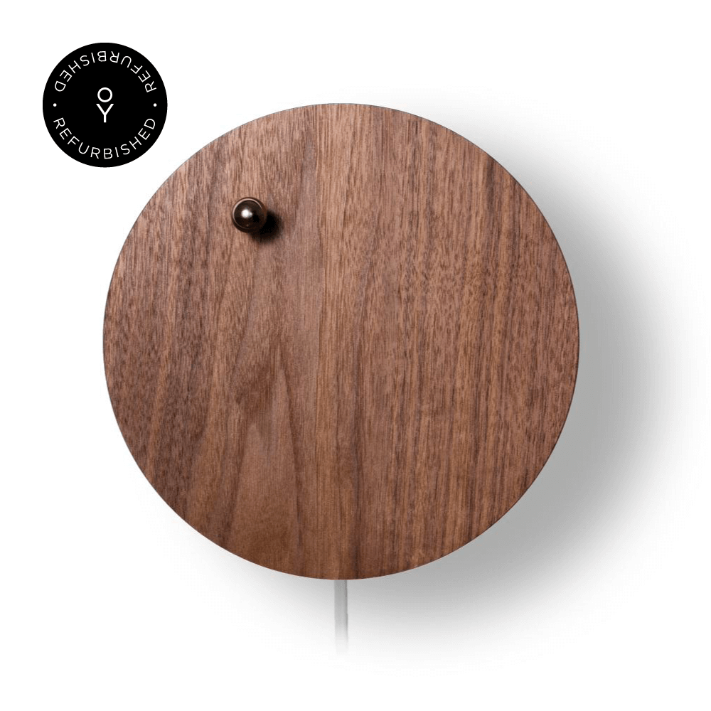 Levitating timepiece, clock Story by Flyte, walnut wooden cover version, product photo on a white background with refurbished tag